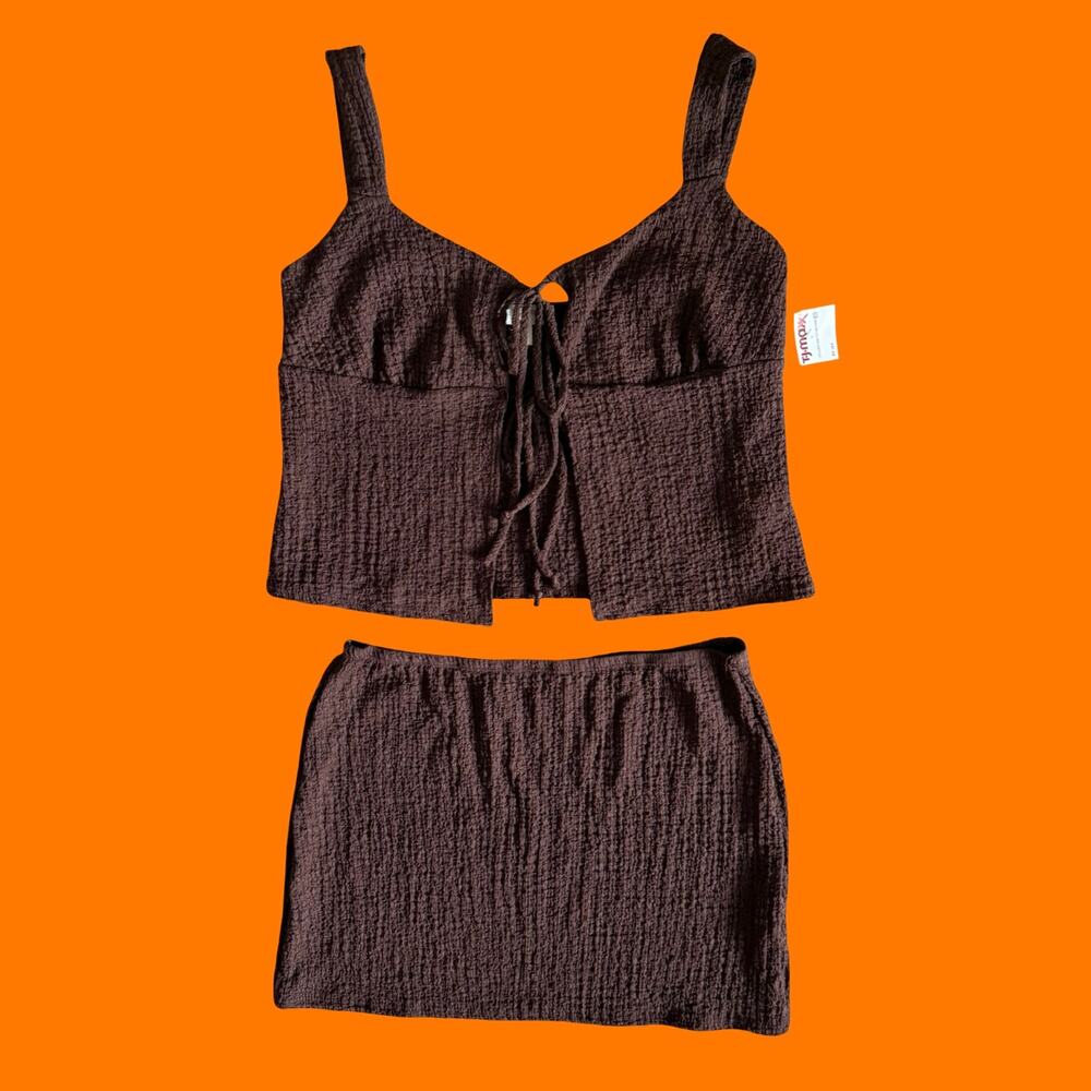 Chocolate Brown Two Piece Set Tie Front Crop Top & Mini Skirt Set XL NWT